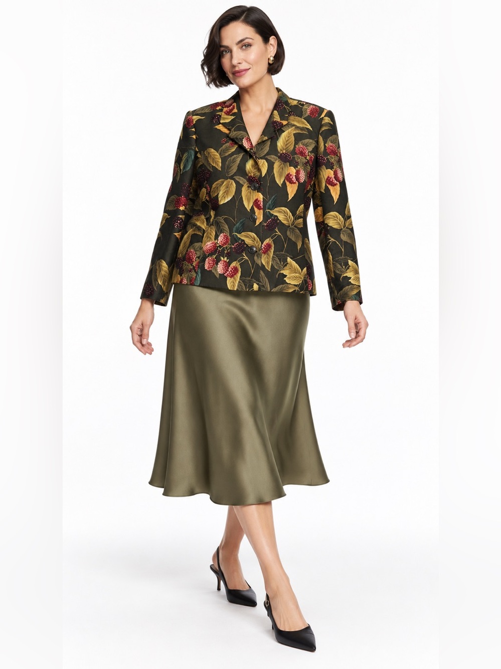 Vintage Linda Allard Ellen Tracy Silk Berry Print Blazer Jacket Size 14